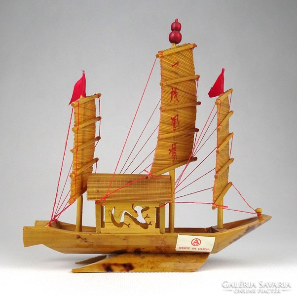 1I365 old ornate small three-masted bamboo ship model 17 cm