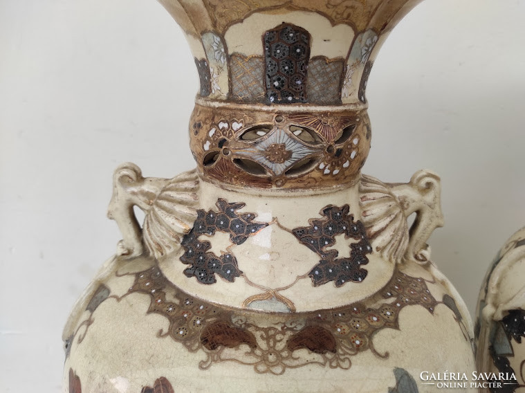 Antique 2 Piece Satsuma Japanese Chinese Porcelain Vase Rose Samurai Motif Gilded Embossed 5414