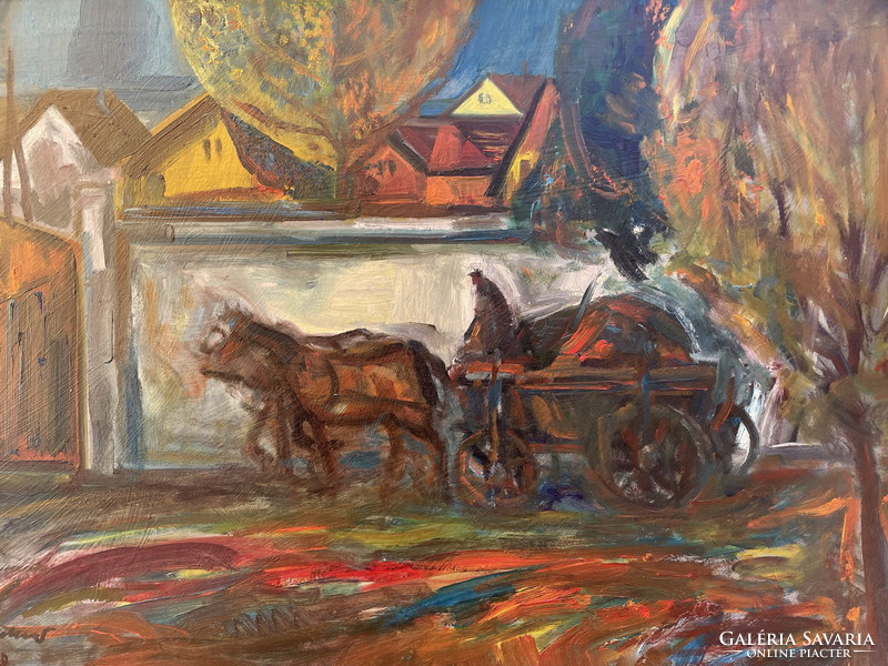 Tibor Göldner: with a horse-drawn carriage home (trouble) 62x82cm !!