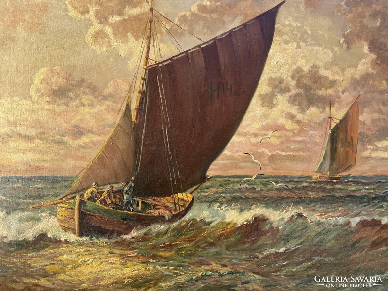 O.Nansen: fishing boats at sea 80x99cm !!!