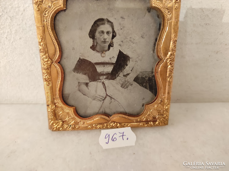 Antique photo dagerotype girl photo in gilded thin stamped copper plate frame 967 5433