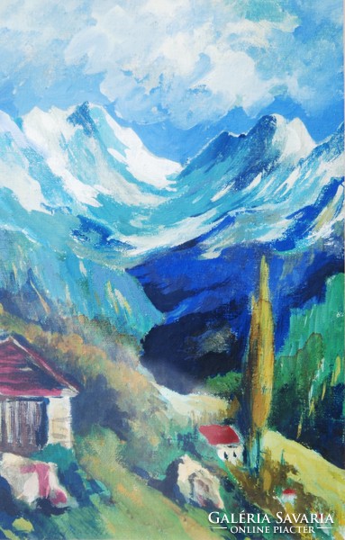 László B. Hajdú (1926-1998): mountain landscape with snowy peaks - oil painting, original frame