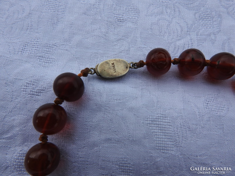 Original old brown amber necklace with silver clasp