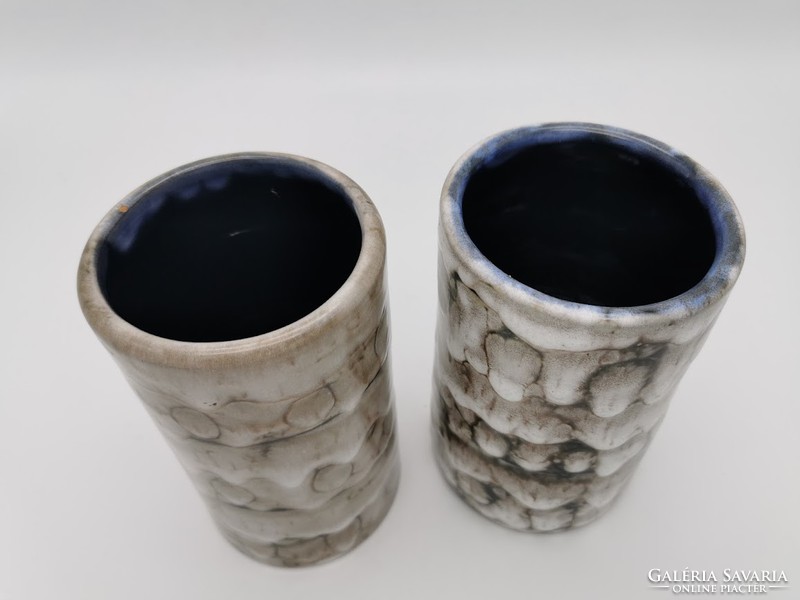 Pair of retro vases in Hódmezővásárhely, Hungarian handicraft ceramics, 16 cm