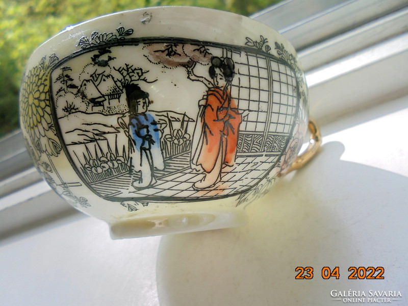 Hand patinated silver enamel painting, two life portraits, hand marked Japanese eggshell tea cup