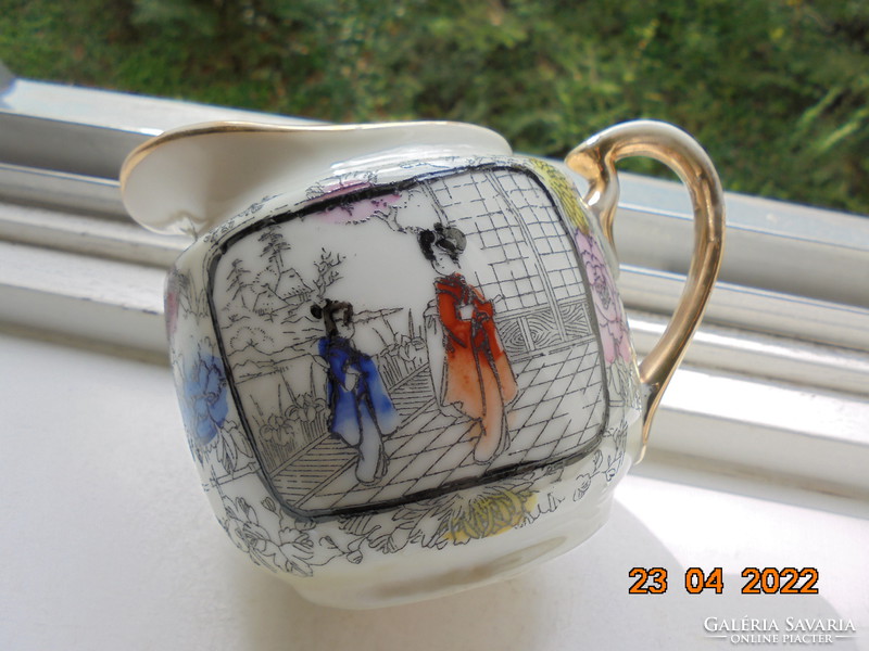 Hand patinated silver enamel painting, two life portraits, hand marked Japanese spout