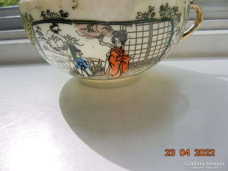 Hand patinated silver enamel painting, two life portraits, hand marked Japanese eggshell tea cup