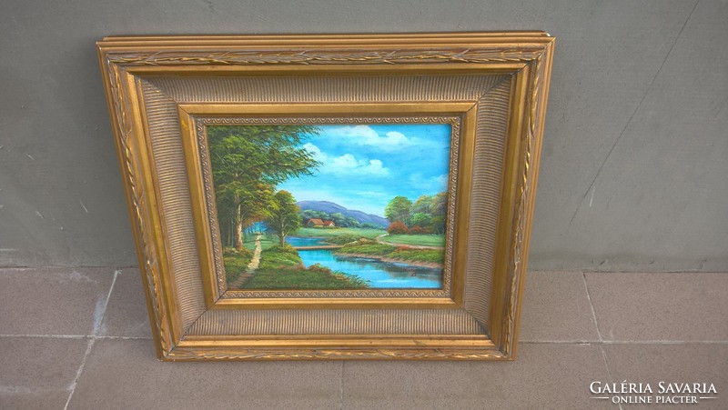 (K) beautiful landscape painting with cottage canvas 39x35 cm with frame