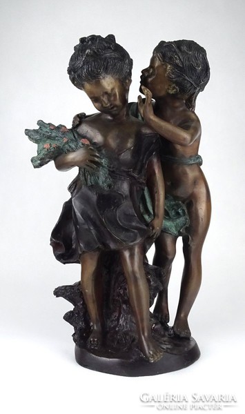 1I461 teasing little girl and little boy large bronze statue pair 39 cm