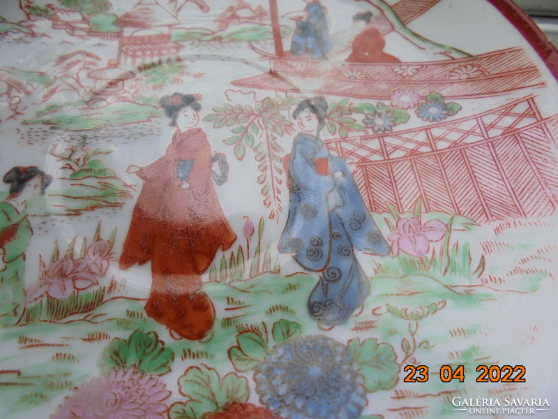Hand painted tea cup with placemat, pattern of geishas in the Japanese garden