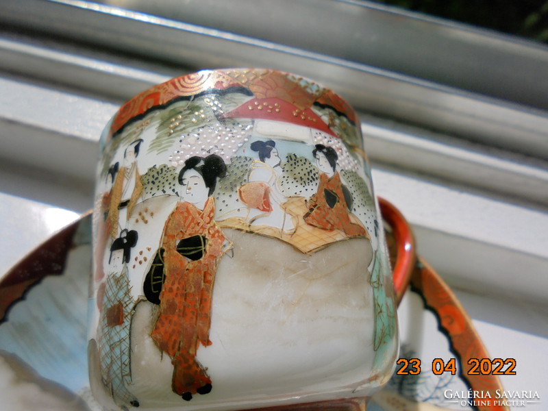 Meiji művésziesen festett sokalakos életkép panorámás tájjal kávés szett látványos kézi jelzéssel