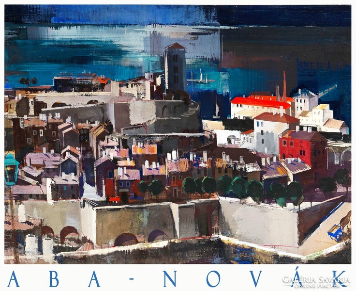 Aba-Novák Vilmos Mediterrán kikötő 1903 művészeti plakát, színes városkép Olaszország tengerpart