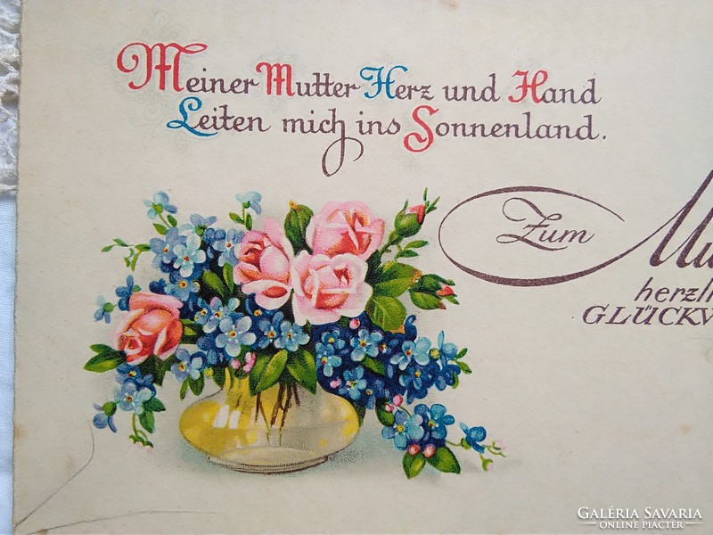 Antique litho / lithographic postcard / greeting card forget-me-not, bouquet of roses mother's day around 1900