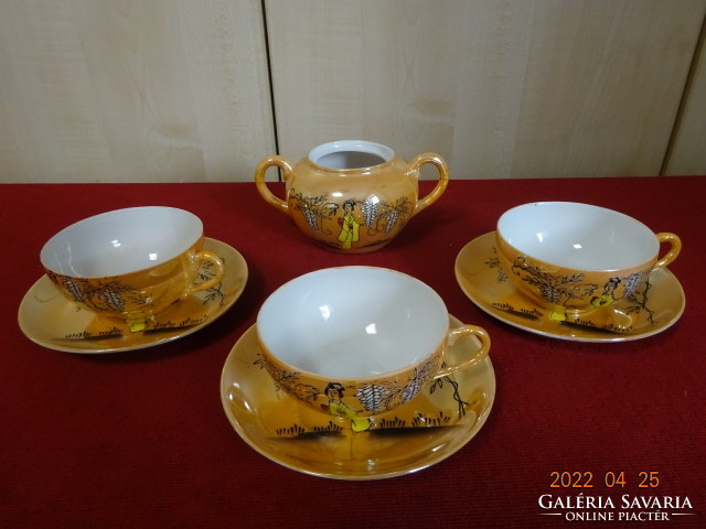 Japán porcelán három személyes teáskészlet. Sárga ruhás gésával. Vanneki! Jókai.