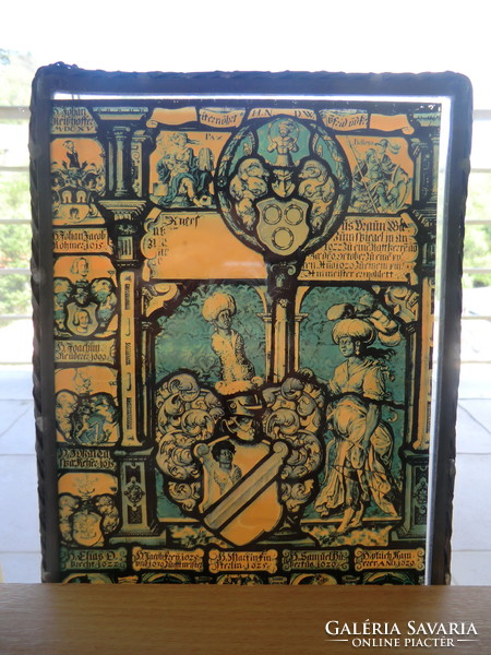 Stained glass frame with paper image with Latin inscriptions 20x26 cm