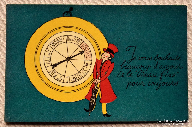 Antik francia humoros grafikus üdvözlő  képeslap  az idő megállításáról