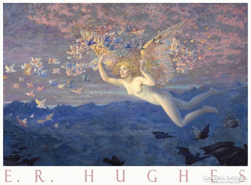 Edward Robert Hughes A reggel szárnyai 1905 művészeti plakát, szárnyas repülő női akt madarak tájkép