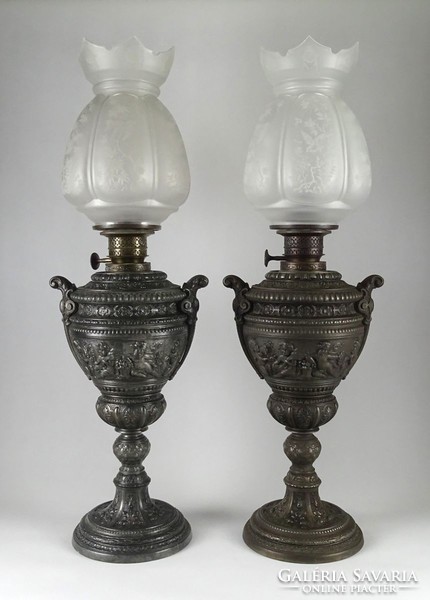 1I523 huge antique spy kerosene lamp pair 70 cm