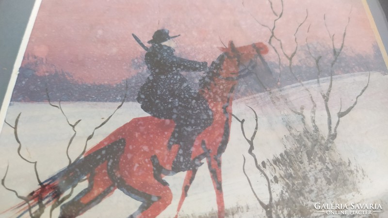 (K) a painting with an interesting atmosphere, a horse riding in a snowfall.