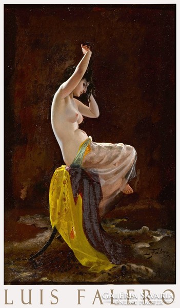 Luis Falero Intim pillanat 1873 festmény művészeti plakátja, széken ülő női akt félakt sárga kendő
