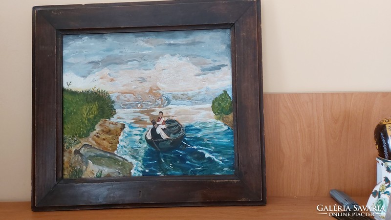 (K) Régi csónakos festmény 46x41 cm kerettel.