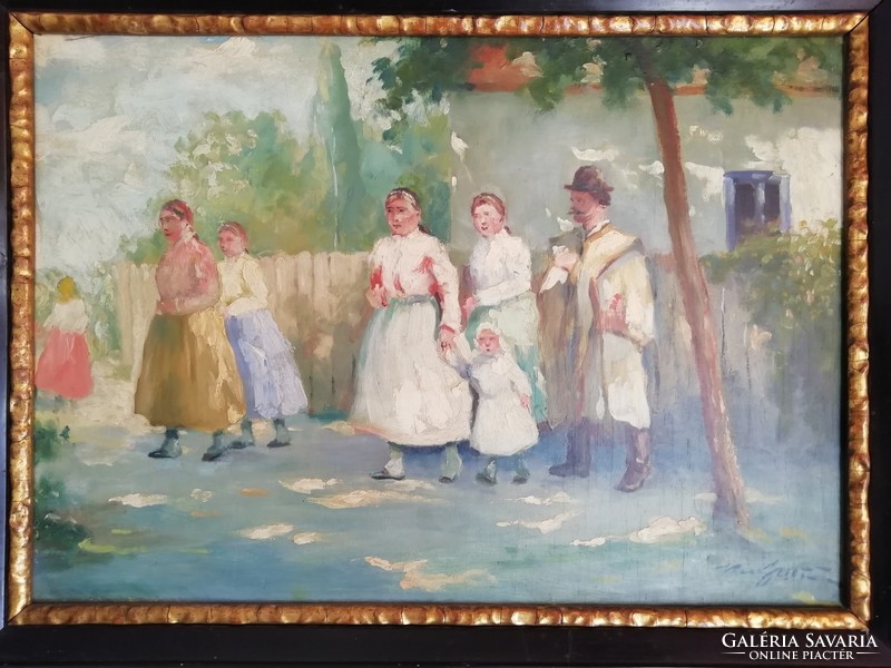 Kiss j. Zoltán: village life picture oil, wood fiber painting, original frame, flawless 63 cm