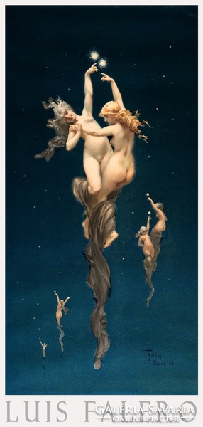 Luis falero twin stars 1890 three matching painting art posters, female nude fantasy