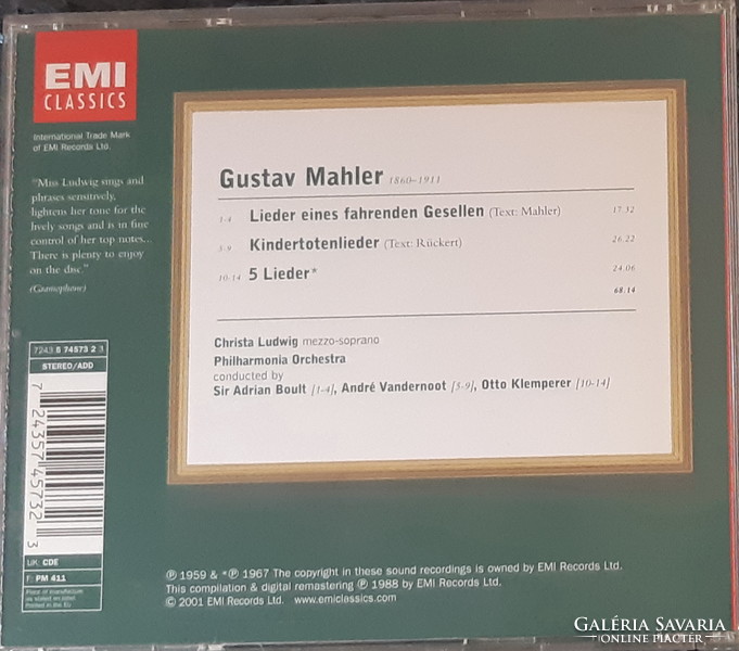 MAHLER MŰVEKET ÉNEKEL CHRISTA LUDWIG   CD