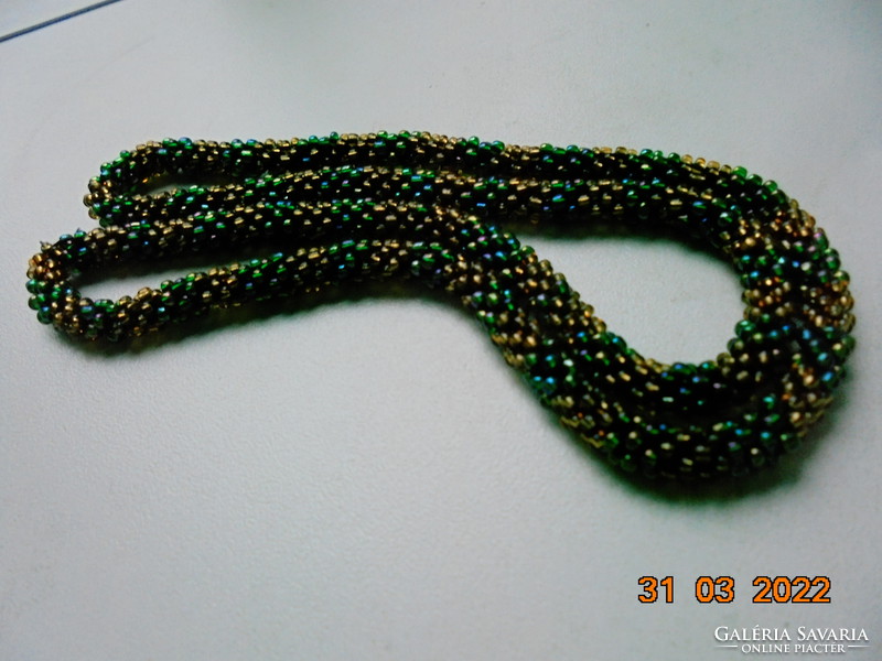 Beaded crochet rope necklaces with lots of tiny antique gold and emerald green play beads