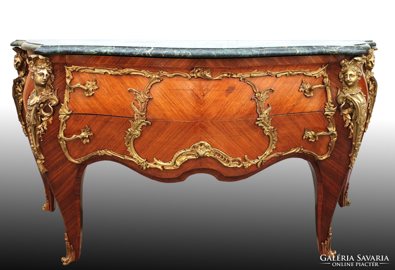 A huge antique-style chest of drawers with a rare beautiful marble top with bronze sculptural appliqués
