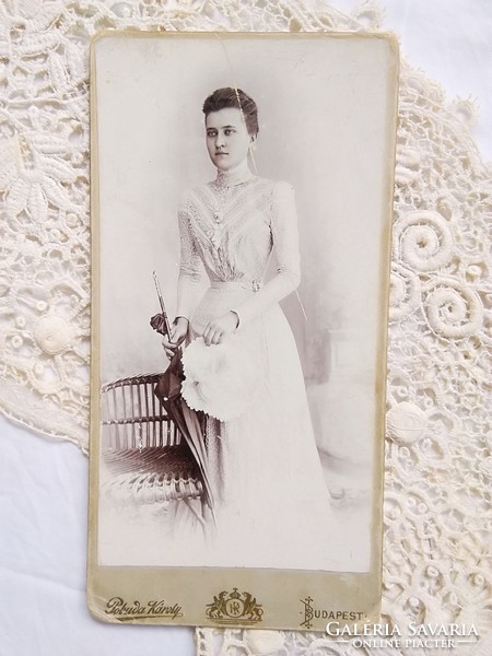 Antique Hungarian cabinet photo of an elegant lady with a hat and umbrella