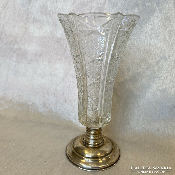 Huge antique crystal vase with silver base