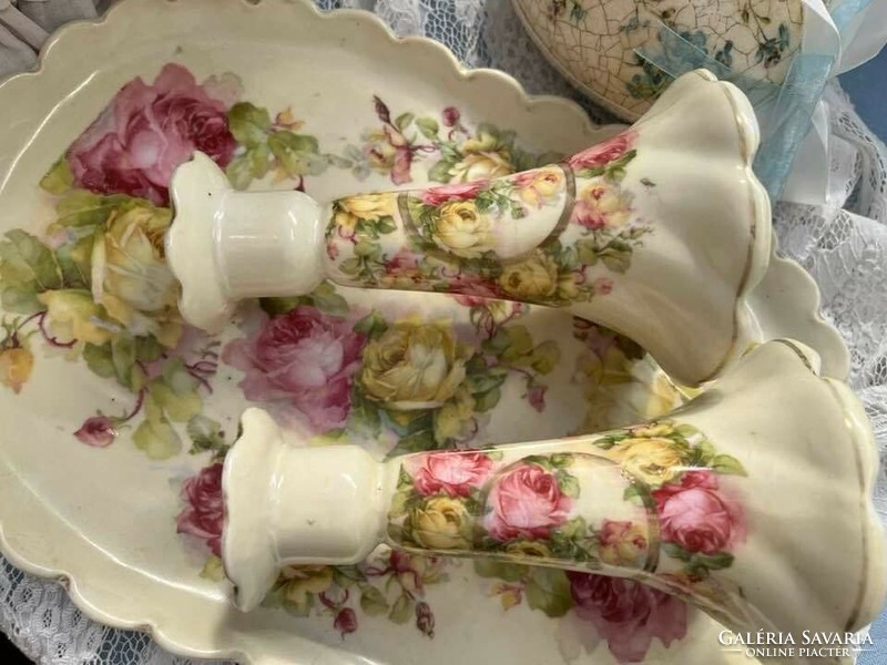 Rózsás porcelán tálca gyertyatartóval
