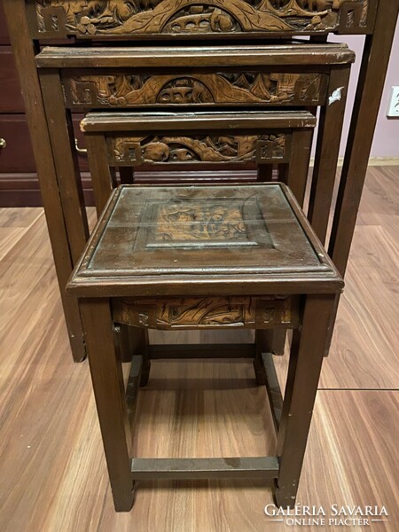 Richly carved Chinese tea table set