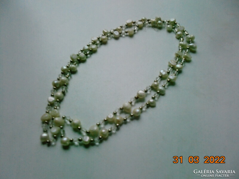 Long real pearl necklace with silver color and transparent intermediate beads