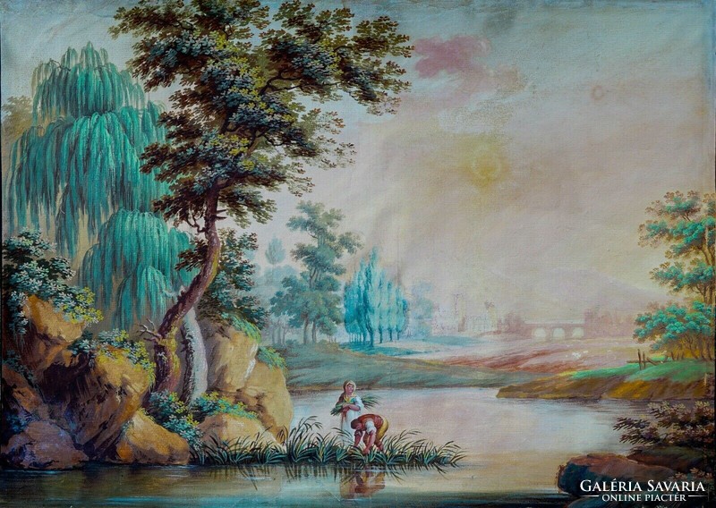 Barokk tájkép, gouache, 18. sz.