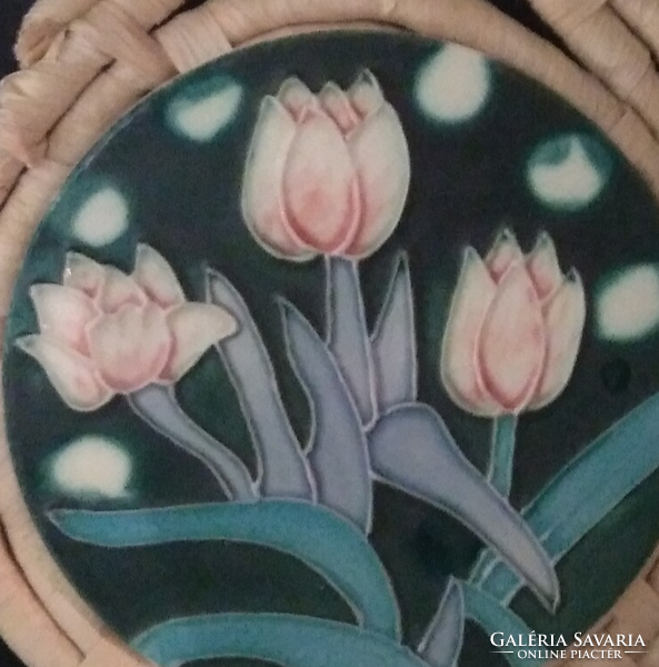 Tile picture! Wall ornament! Pink tulips in a wicker raffia frame