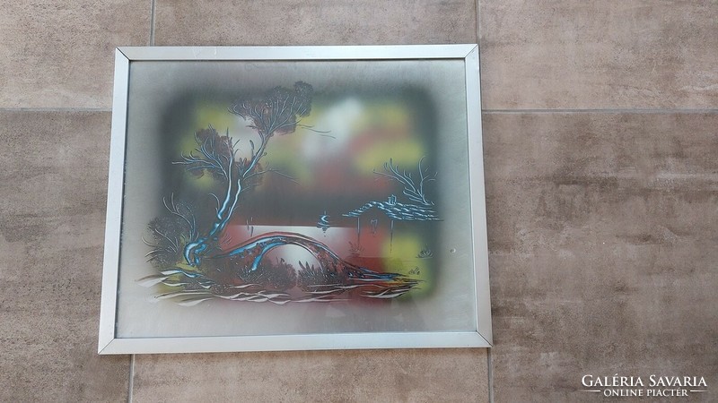 (K) Jelzett Modern  tájkép festmény 66x54 cm kerettel