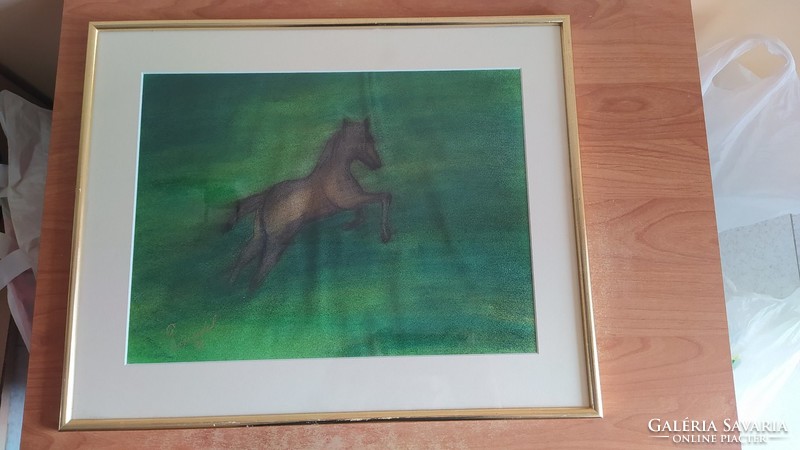 (K) Szignózott lovas festmény 91-ből   50x40 cm kerettel