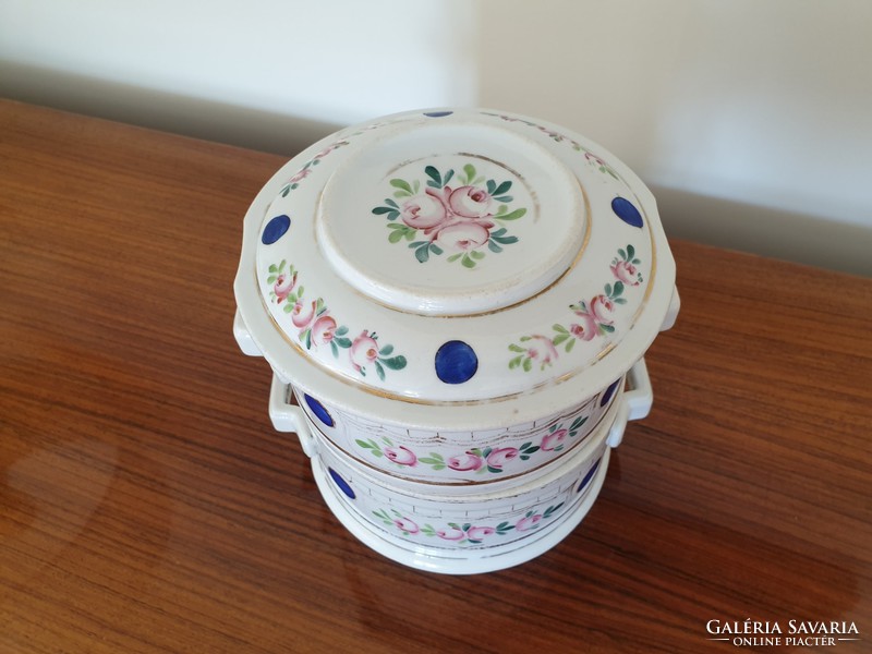 Old porcelain dish with rosy food lid and floral folk comma