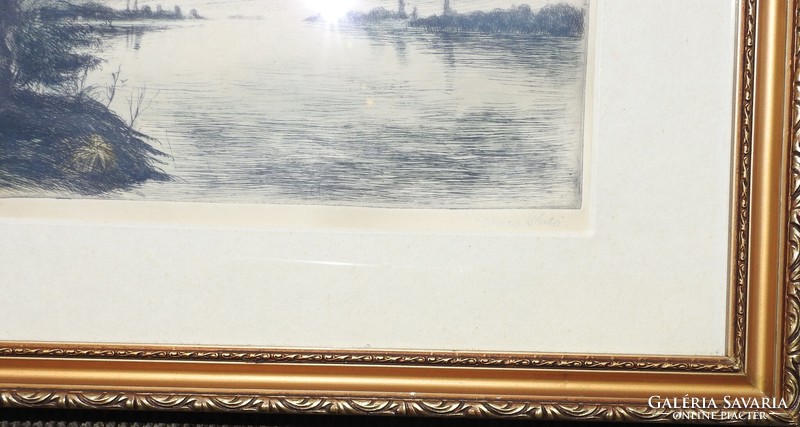 István Élesdy - river bank - etching - framed
