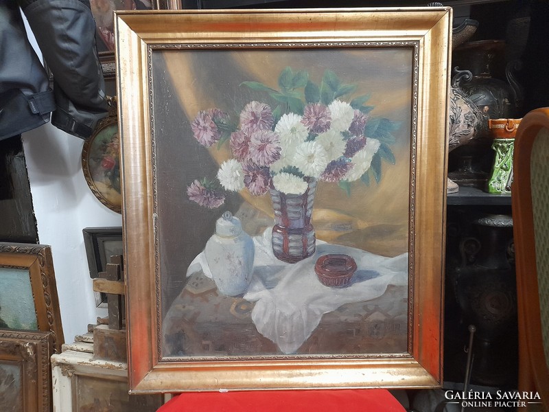 Oil on canvas still life painting. Indicated.