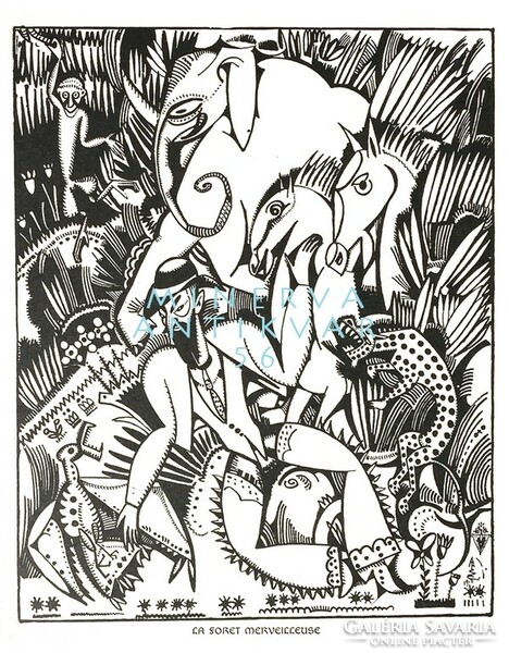 A. de Souza-Cardoso A csodálatos erdő 1912 art deco tusrajz reprint nyomata, dzsungel állatok lovak