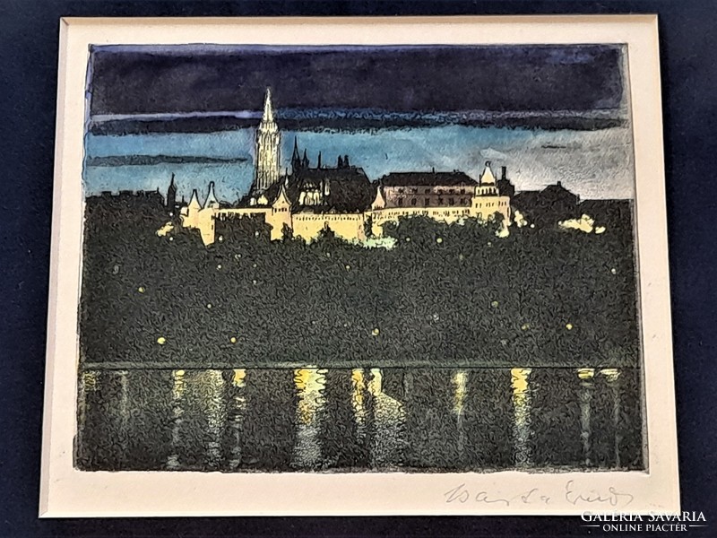 Ernő Barta: night view of the Buda castle, colored etching