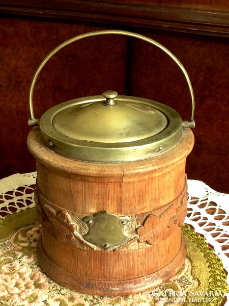 Antique biscuit box with porcelain insert, bonbonier wood, with silver-plated alpaca fittings