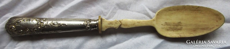 Bone / horn / spoon with silver handle, length 25 cm.