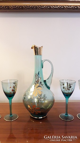 Retro üveg italos készlet régi türkiz arany virágos talpaspohár pohár kancsó 6 db