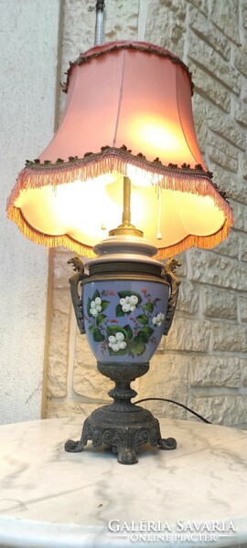 Antique lamp, kerosene lamp electrified, 1800s, hand-painted glass body