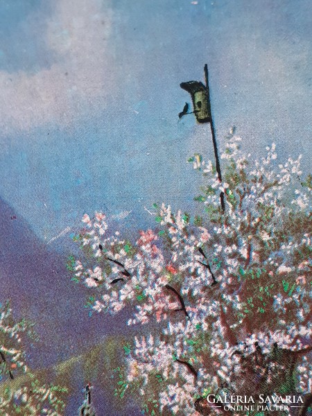 Régi képeslap 1930 körül vidéki tavaszi életkép tájkép levelezőlap