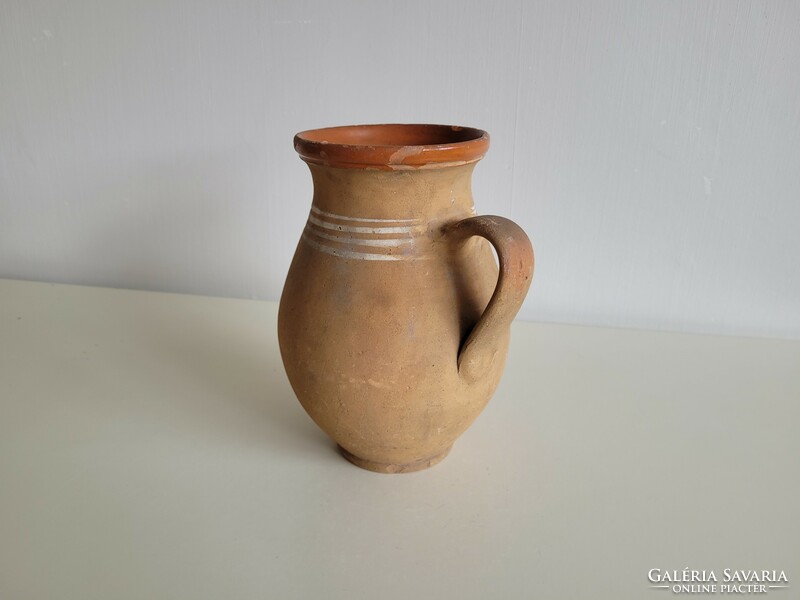 Old vintage striped folk earthenware glazed vessel milk jug with handle 22.5 cm earthenware jug